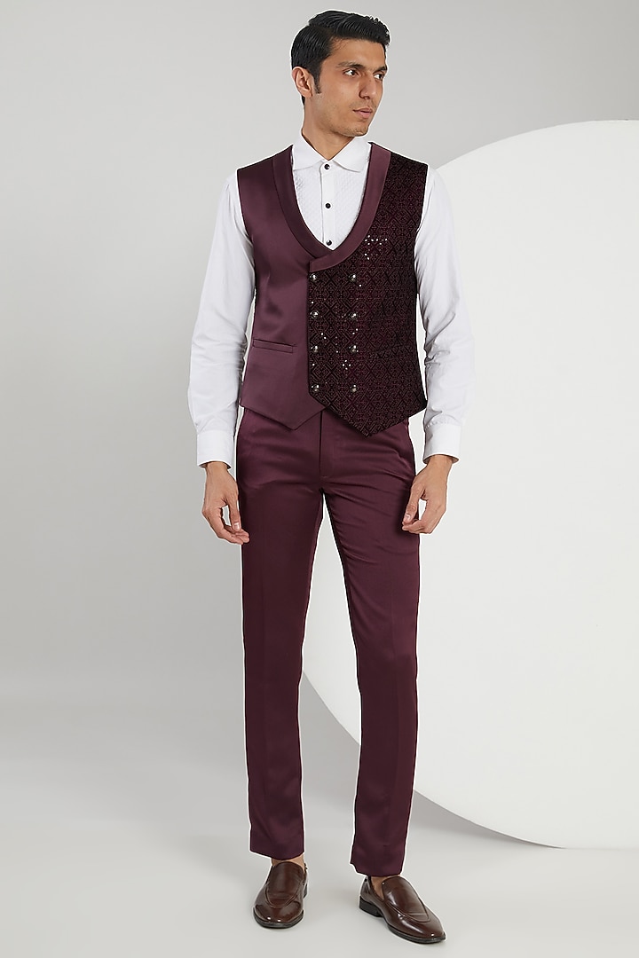 Wine Micro Velvet Hand Embroidered Tuxedo Set by Zoop Men at Pernia's Pop Up Shop