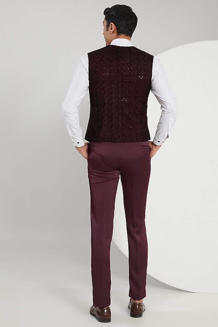 Wine Micro Velvet Hand Embroidered Tuxedo Set by Zoop Men at Pernia's Pop Up Shop