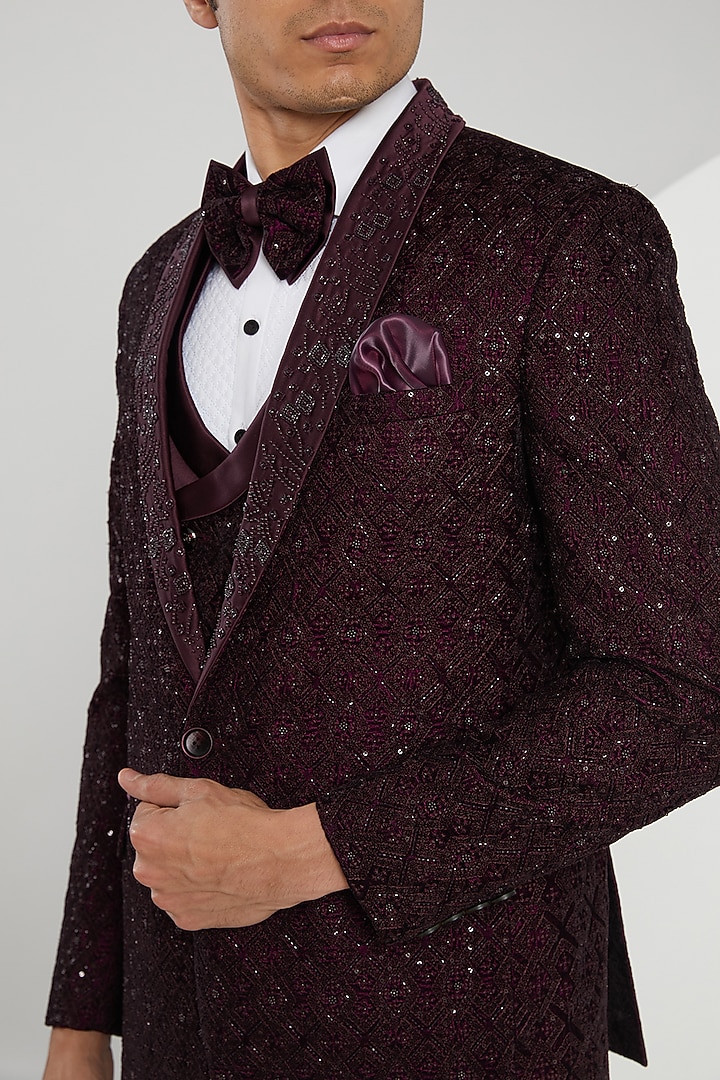 Wine Micro Velvet Hand Embroidered Tuxedo Set by Zoop Men at Pernia's Pop Up Shop