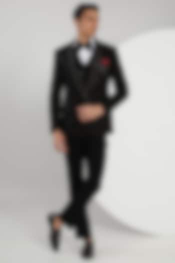 Black Micro Velvet Hand Embroidered Tuxedo Set by Zoop Men at Pernia's Pop Up Shop