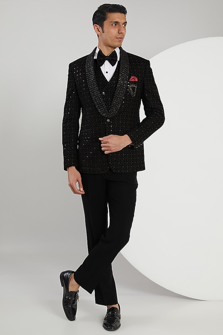 Black Micro Velvet Hand Embroidered Tuxedo Set by Zoop Men at Pernia's Pop Up Shop