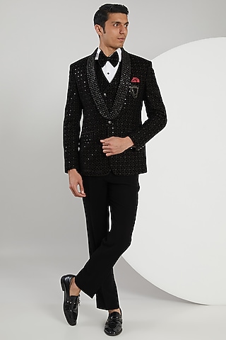 Black Micro Velvet Hand Embroidered Tuxedo Set by Zoop Men