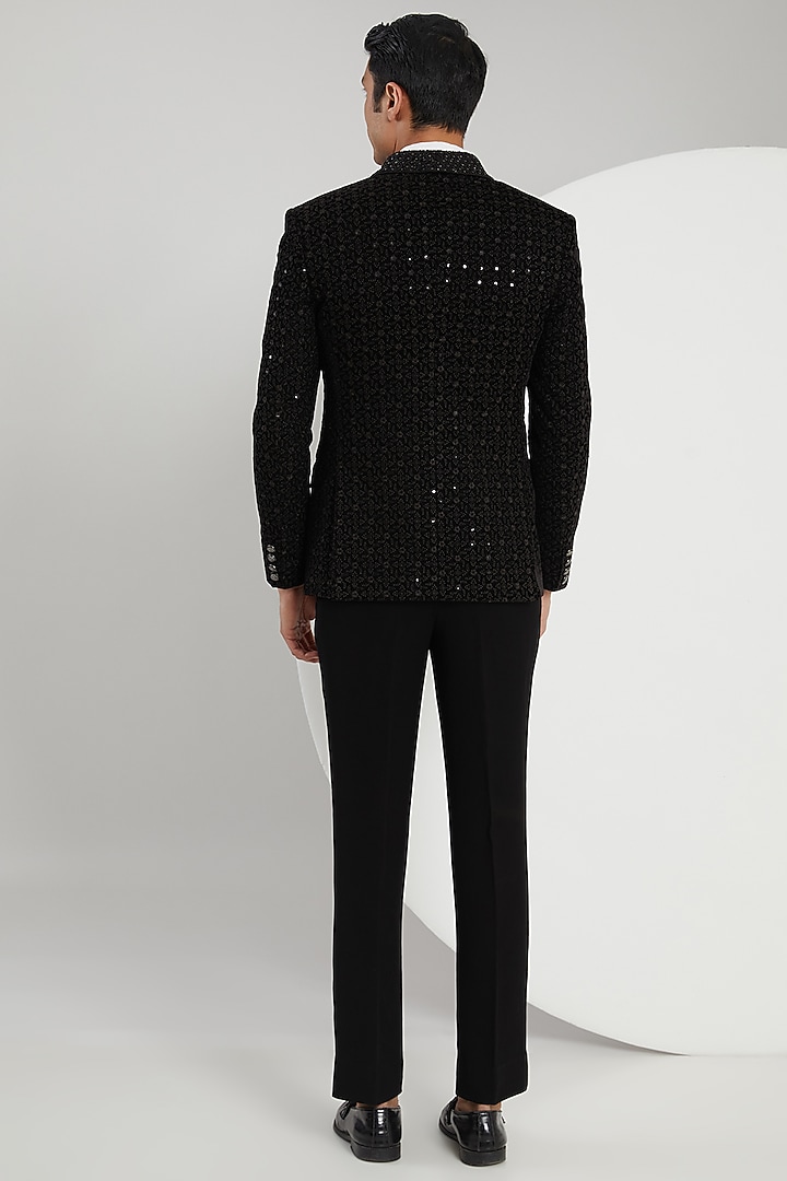 Black Micro Velvet Hand Embroidered Tuxedo Set by Zoop Men at Pernia's Pop Up Shop