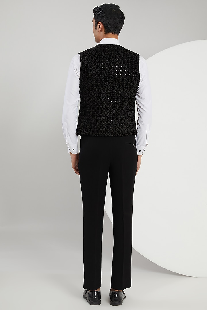 Black Micro Velvet Hand Embroidered Tuxedo Set by Zoop Men at Pernia's Pop Up Shop