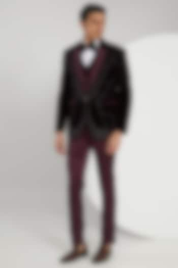 Wine Micro Velvet Hand Embroidered Tuxedo Set by Zoop Men