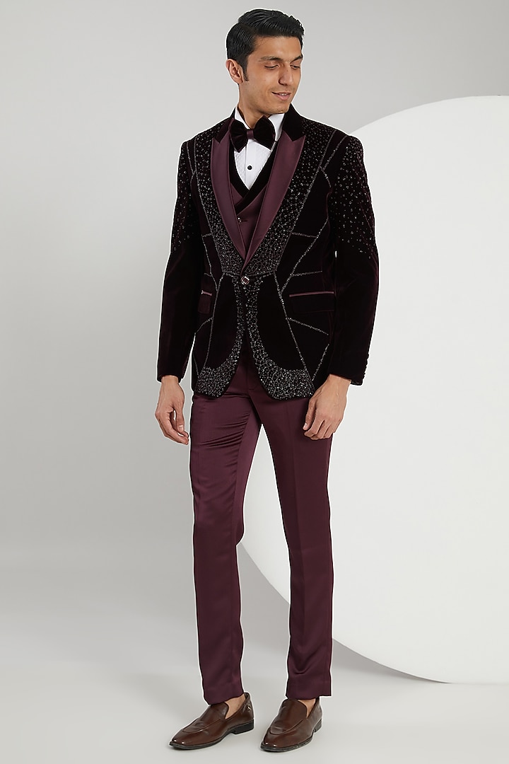 Wine Micro Velvet Hand Embroidered Tuxedo Set by Zoop Men at Pernia's Pop Up Shop