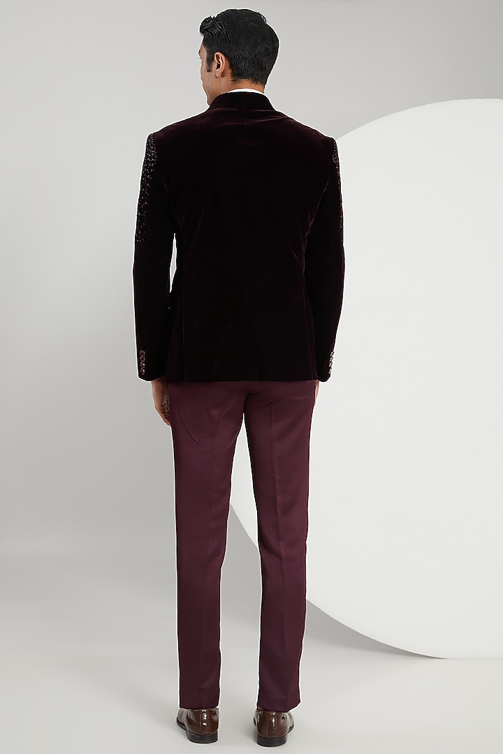 Wine Micro Velvet Hand Embroidered Tuxedo Set by Zoop Men at Pernia's Pop Up Shop