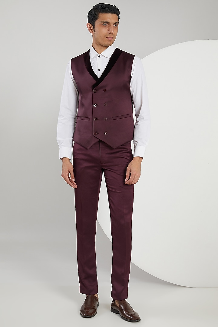 Wine Micro Velvet Hand Embroidered Tuxedo Set by Zoop Men at Pernia's Pop Up Shop