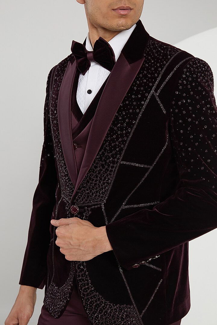 Wine Micro Velvet Hand Embroidered Tuxedo Set by Zoop Men at Pernia's Pop Up Shop