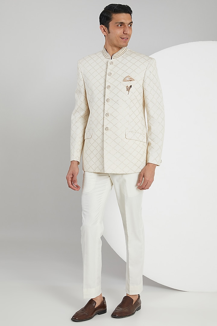 Cream Jacquard Hand Embroidered Bandhgala Set by Zoop Men