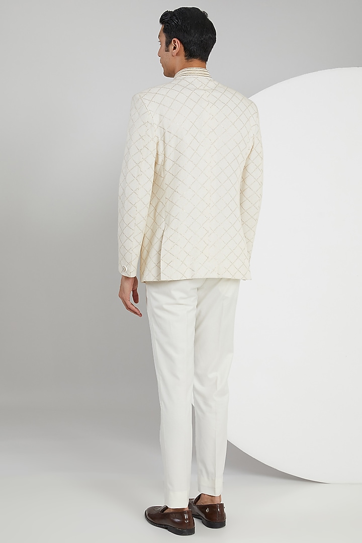 Cream Jacquard Hand Embroidered Wedding Bandhgala Set by Zoop Men at Pernia's Pop Up Shop
