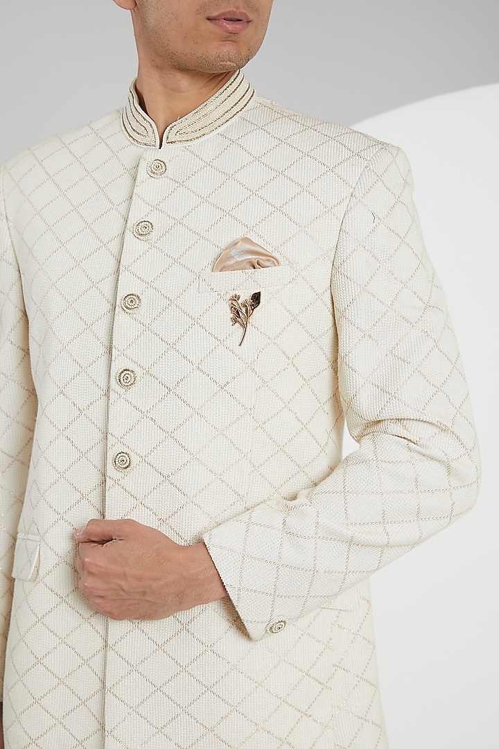 Cream Jacquard Hand Embroidered Wedding Bandhgala Set by Zoop Men at Pernia's Pop Up Shop