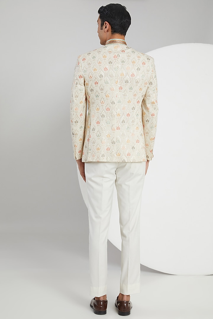 Cream Jacquard Hand Embroidered Wedding Bandhgala Set by Zoop Men at Pernia's Pop Up Shop