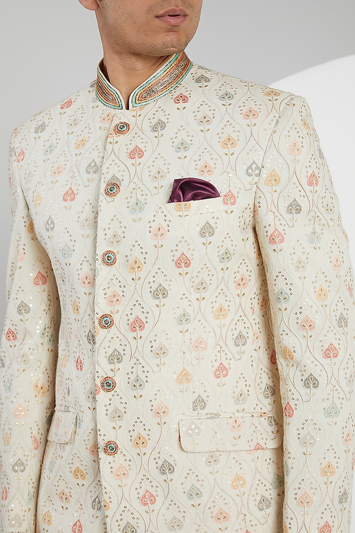 Cream Jacquard Hand Embroidered Wedding Bandhgala Set by Zoop Men at Pernia's Pop Up Shop