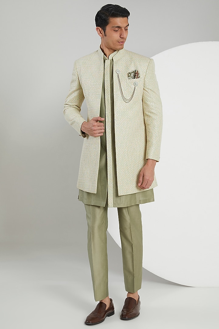 Green Jacquard Hand Embroidered Wedding Indowestern Set by Zoop Men at Pernia's Pop Up Shop