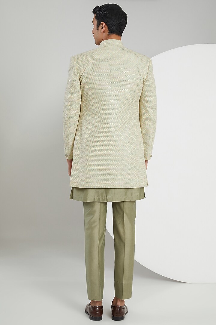Green Jacquard Hand Embroidered Wedding Indowestern Set by Zoop Men at Pernia's Pop Up Shop