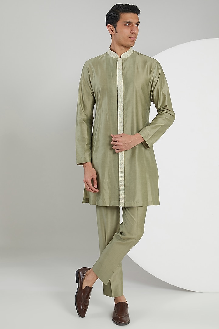 Green Jacquard Hand Embroidered Wedding Indowestern Set by Zoop Men at Pernia's Pop Up Shop