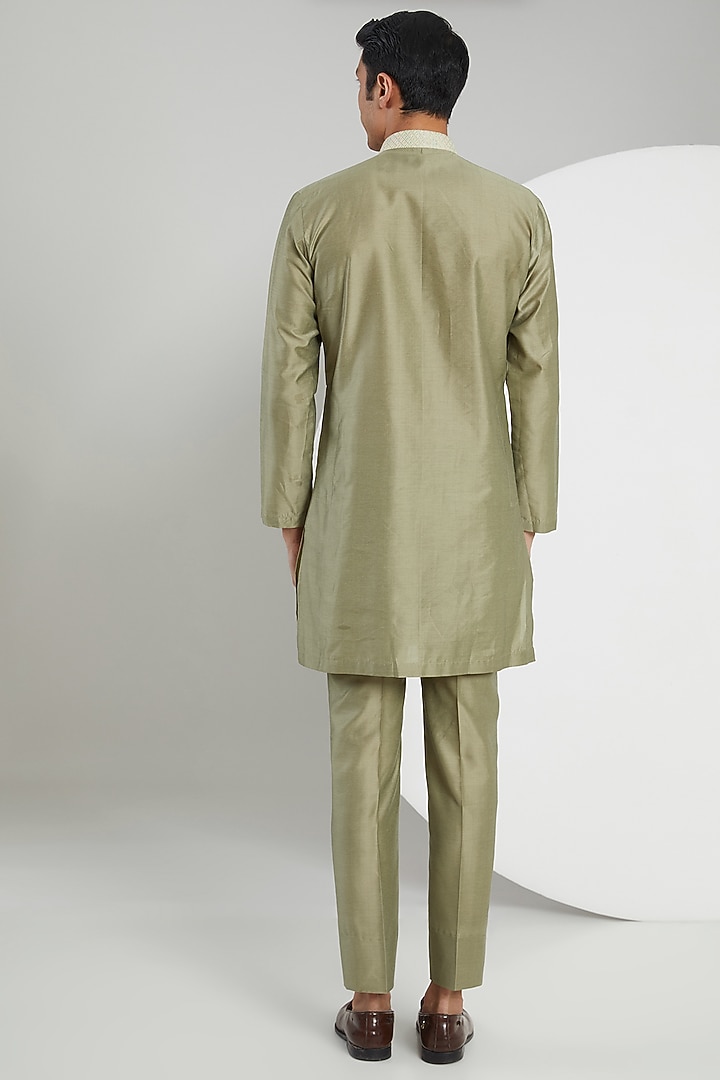 Green Jacquard Hand Embroidered Wedding Indowestern Set by Zoop Men at Pernia's Pop Up Shop