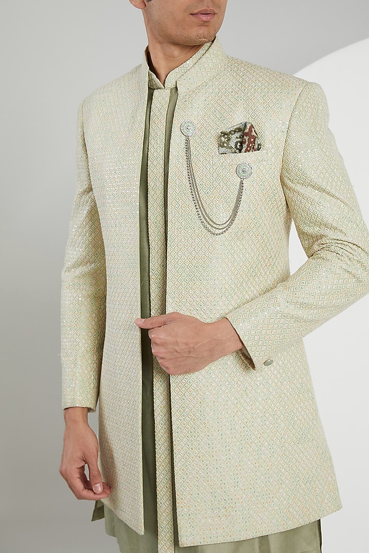 Green Jacquard Hand Embroidered Wedding Indowestern Set by Zoop Men at Pernia's Pop Up Shop