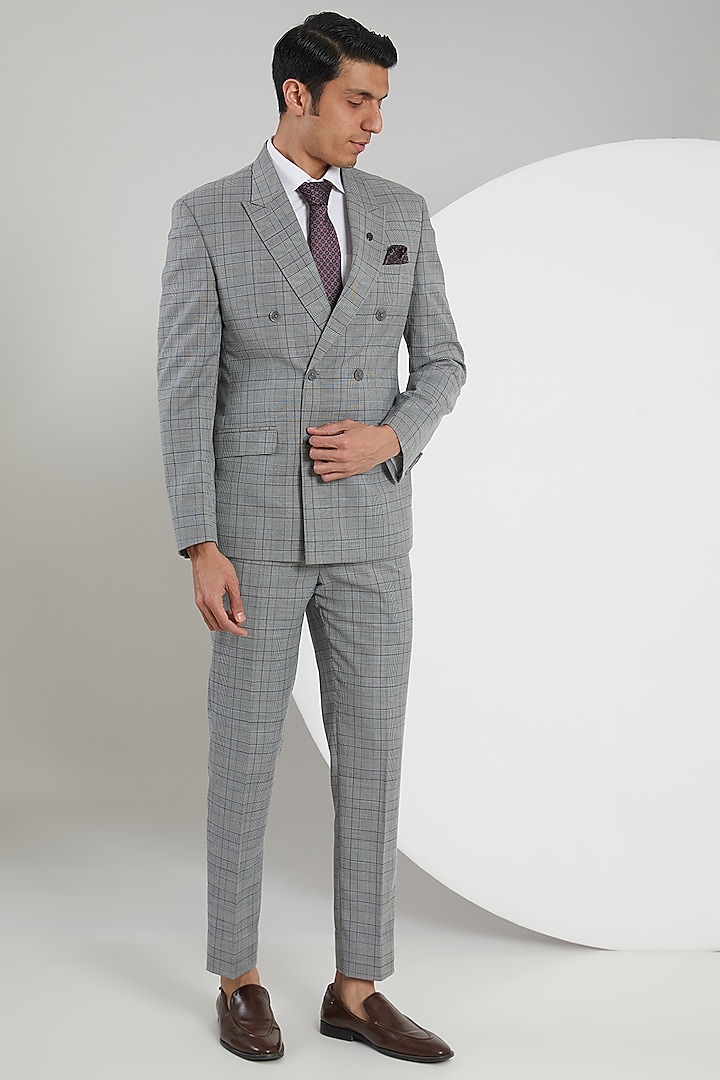 Grey Poly Wool Checkered Suit Set by Zoop Men