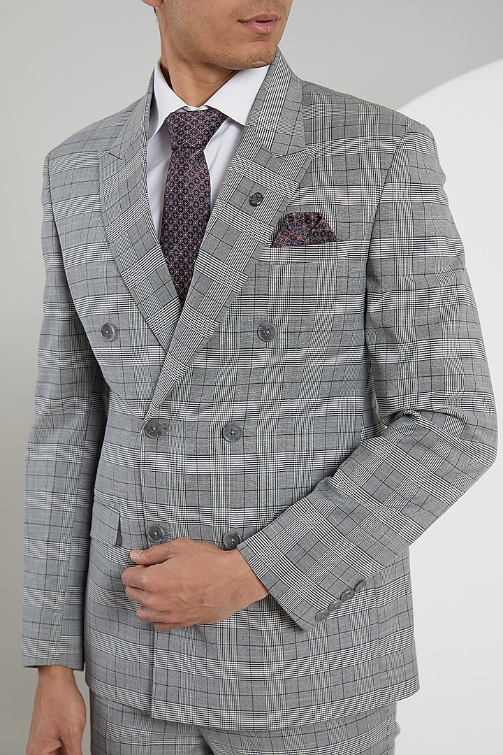 Grey Poly Wool Checkered Suit Set by Zoop Men at Pernia's Pop Up Shop
