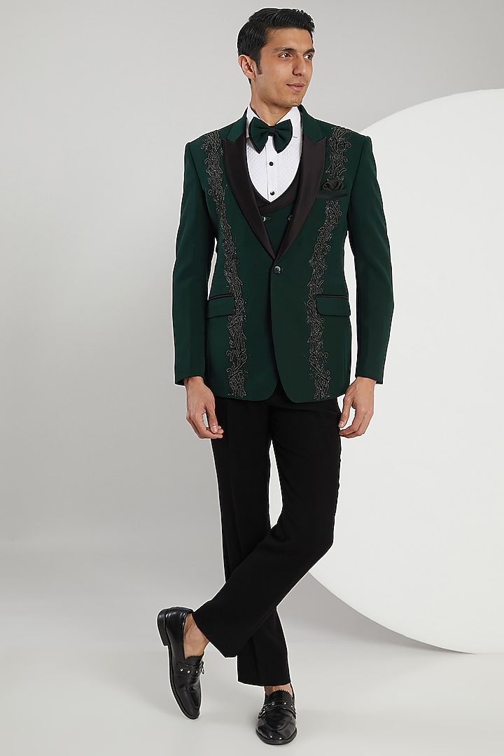 Green Japanese Lycra Hand Embroidered Tuxedo Set by Zoop Men