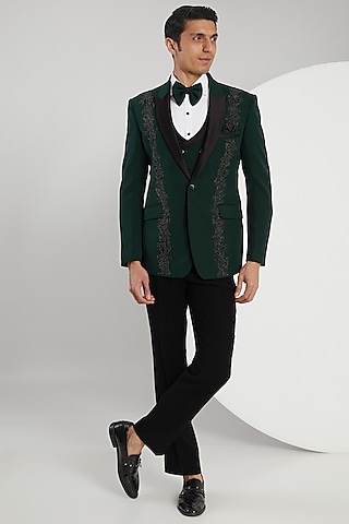 Green Japanese Lycra Hand Embroidered Tuxedo Set by Zoop Men