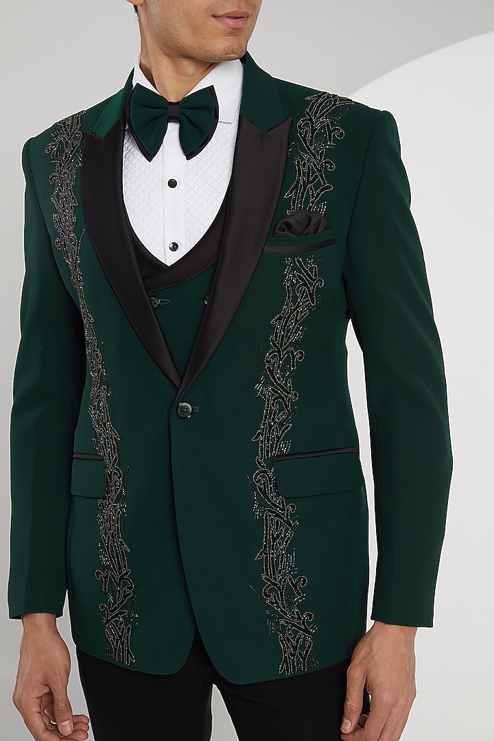 Green Japanese Lycra Hand Embroidered Tuxedo Set by Zoop Men at Pernia's Pop Up Shop