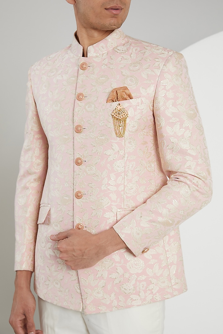 Pink Jacquard Bandhgala Set by Zoop Men at Pernia's Pop Up Shop