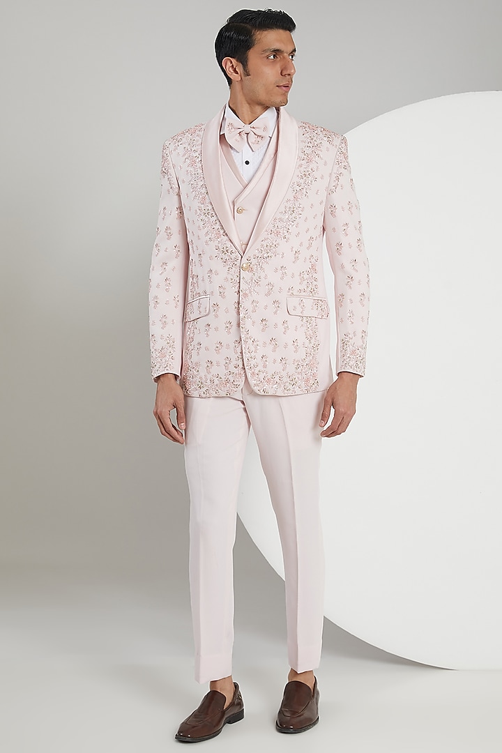 Pink Japanese Lycra Hand Embroidered Tuxedo Set by Zoop Men