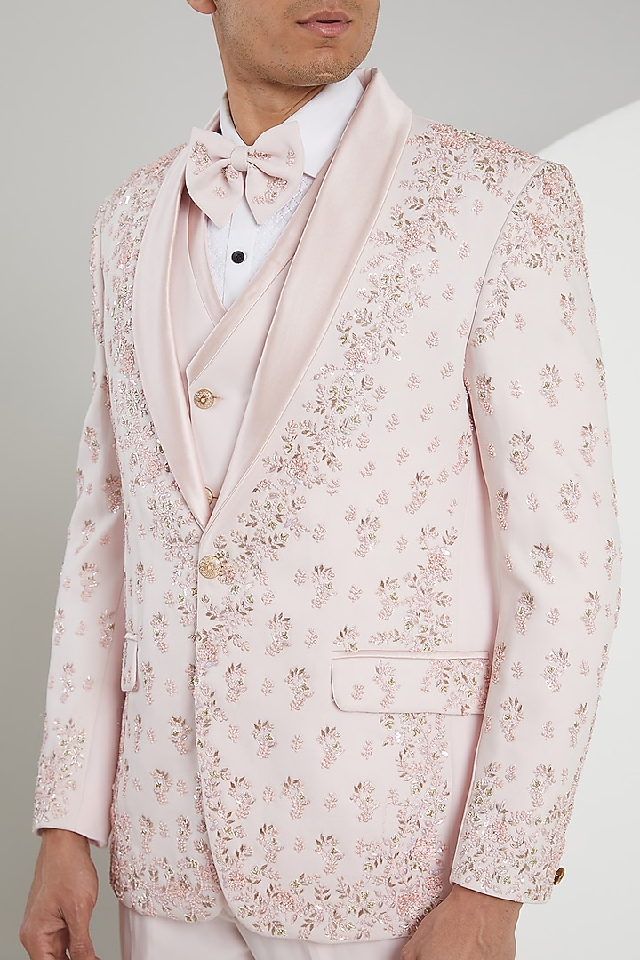 Pink Japanese Lycra Hand Embroidered Tuxedo Set by Zoop Men at Pernia's Pop Up Shop