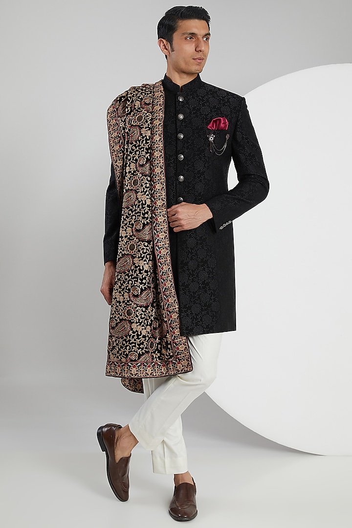 Black Jacquard Achkan Set by Zoop Men at Pernia's Pop Up Shop