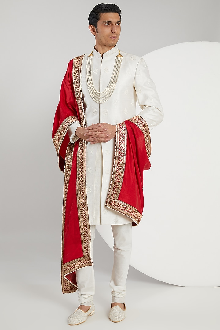 Ivory Raw Silk Embroidered Groom Sherwani Set by Zoop Men at Pernia's Pop Up Shop