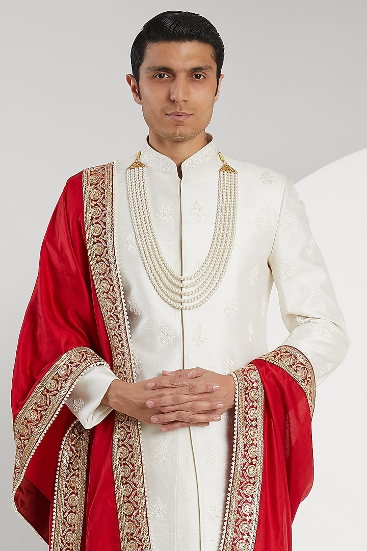 Ivory Raw Silk Embroidered Groom Sherwani Set by Zoop Men at Pernia's Pop Up Shop