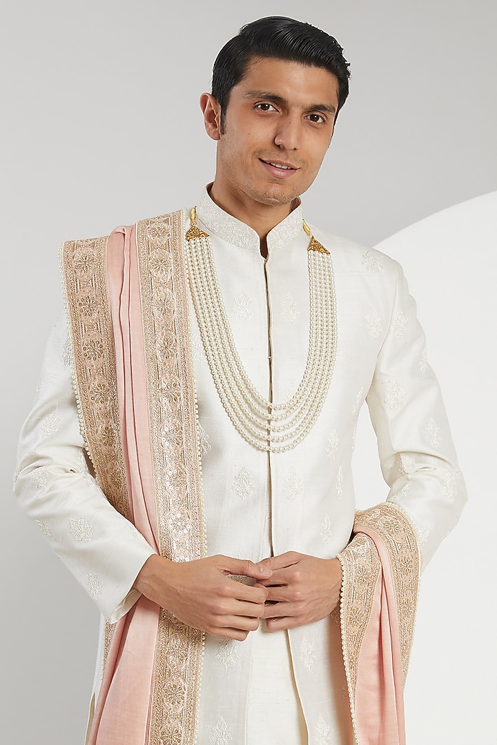 Ivory Raw Silk Embroidered Groom Sherwani Set by Zoop Men at Pernia's Pop Up Shop