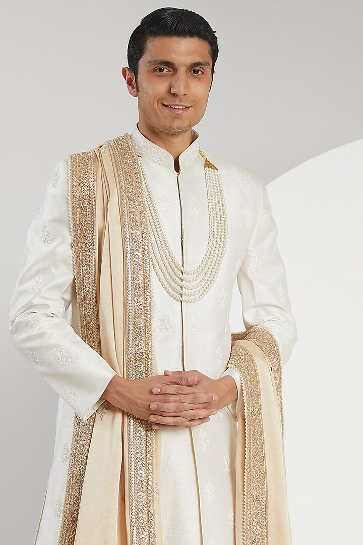 Ivory Raw Silk Embroidered Groom Sherwani Set by Zoop Men at Pernia's Pop Up Shop