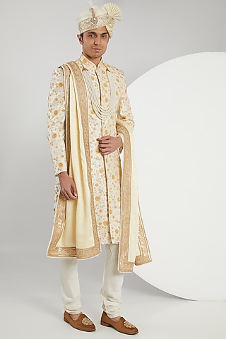 Yellow Raw Silk Hand Embroidered Sherwani Set by Zoop Men