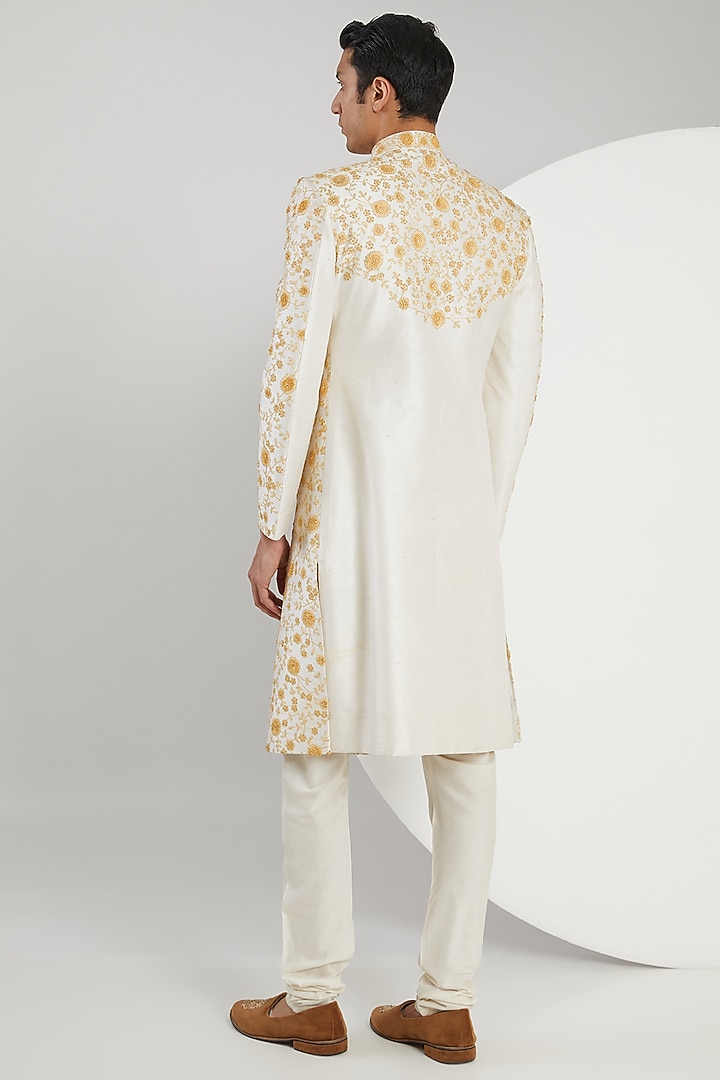Yellow Raw Silk Hand Embroidered Groom Sherwani Set by Zoop Men at Pernia's Pop Up Shop