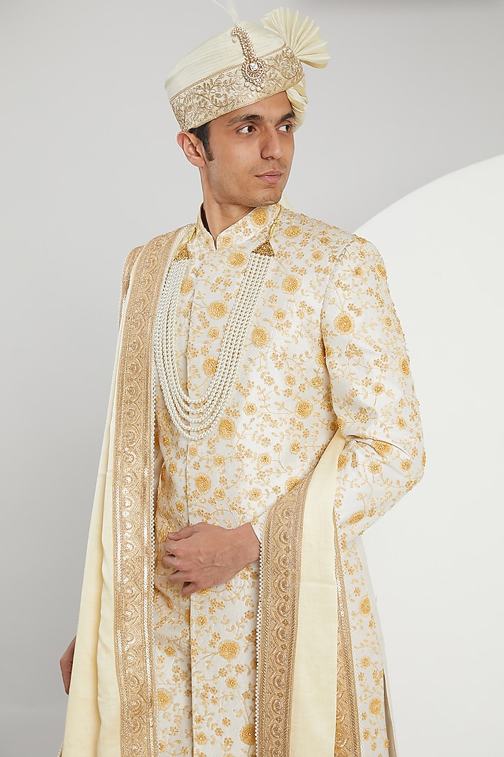 Yellow Raw Silk Hand Embroidered Groom Sherwani Set by Zoop Men at Pernia's Pop Up Shop
