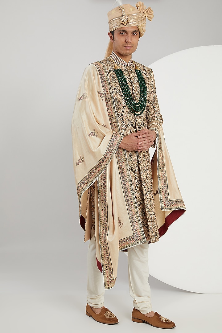 Multi-Colored Banarasi Silk Hand Embroidered Groom Sherwani Set by Zoop Men at Pernia's Pop Up Shop