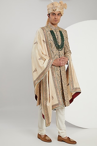 Multi-Colored Banarasi Silk Hand Embroidered Sherwani Set by Zoop Men