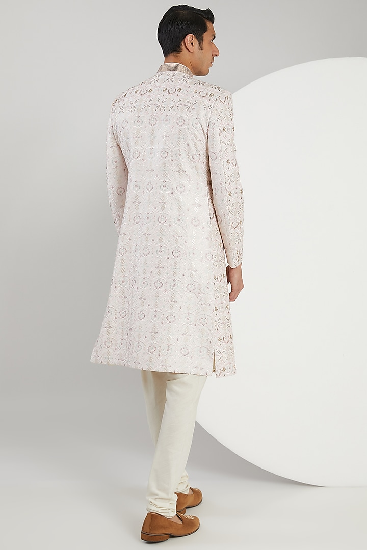 Ivory Cotton Silk Jacquard Hand Embroidered Groom Sherwani Set by Zoop Men at Pernia's Pop Up Shop