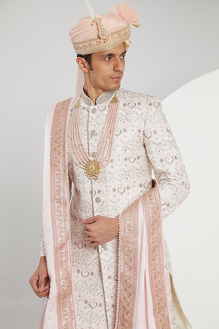 Ivory Cotton Silk Jacquard Hand Embroidered Groom Sherwani Set by Zoop Men at Pernia's Pop Up Shop
