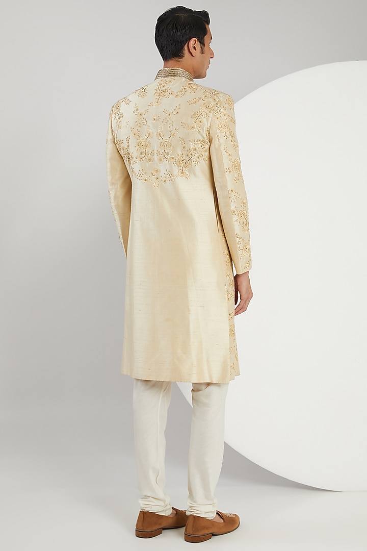 Gold Raw Silk Hand Embroidered Groom Sherwani Set by Zoop Men at Pernia's Pop Up Shop