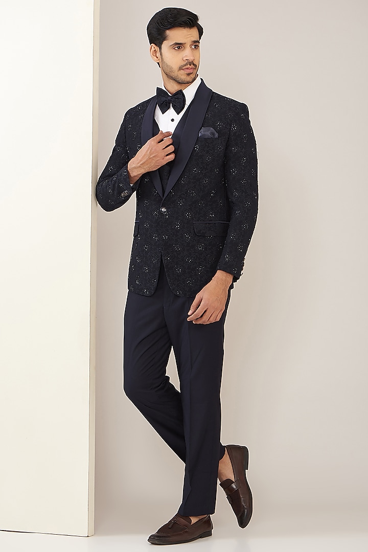 Blue Jacquard Cutdana Embroidered Tuxedo Set by Zoop Men at Pernia's Pop Up Shop