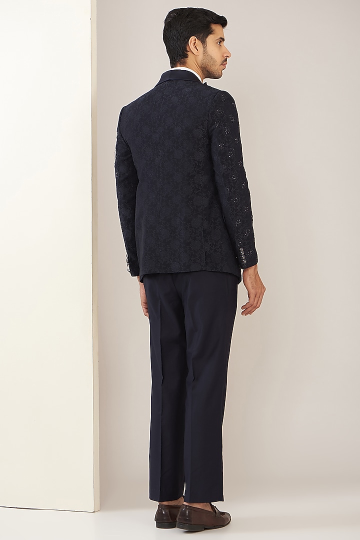 Blue Jacquard Cutdana Embroidered Tuxedo Set by Zoop Men at Pernia's Pop Up Shop