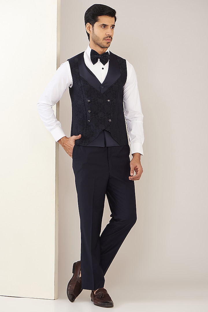 Blue Jacquard Cutdana Embroidered Tuxedo Set by Zoop Men at Pernia's Pop Up Shop