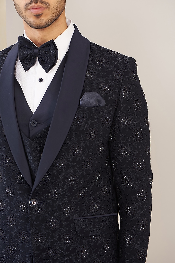 Blue Jacquard Cutdana Embroidered Tuxedo Set by Zoop Men at Pernia's Pop Up Shop