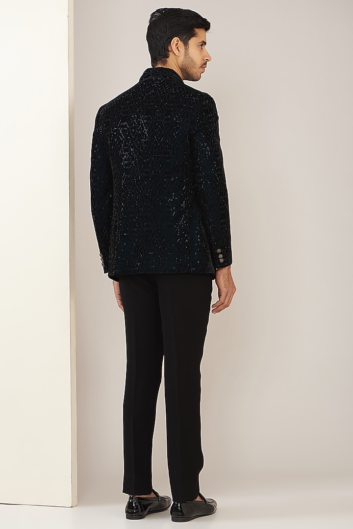 Dark Teal Green Velvet Swarovski Embroidered Tuxedo Set by Zoop Men at Pernia's Pop Up Shop