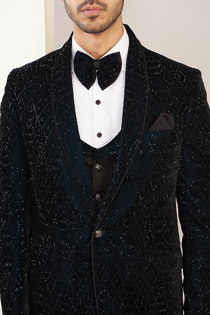 Dark Teal Green Velvet Swarovski Embroidered Tuxedo Set by Zoop Men at Pernia's Pop Up Shop